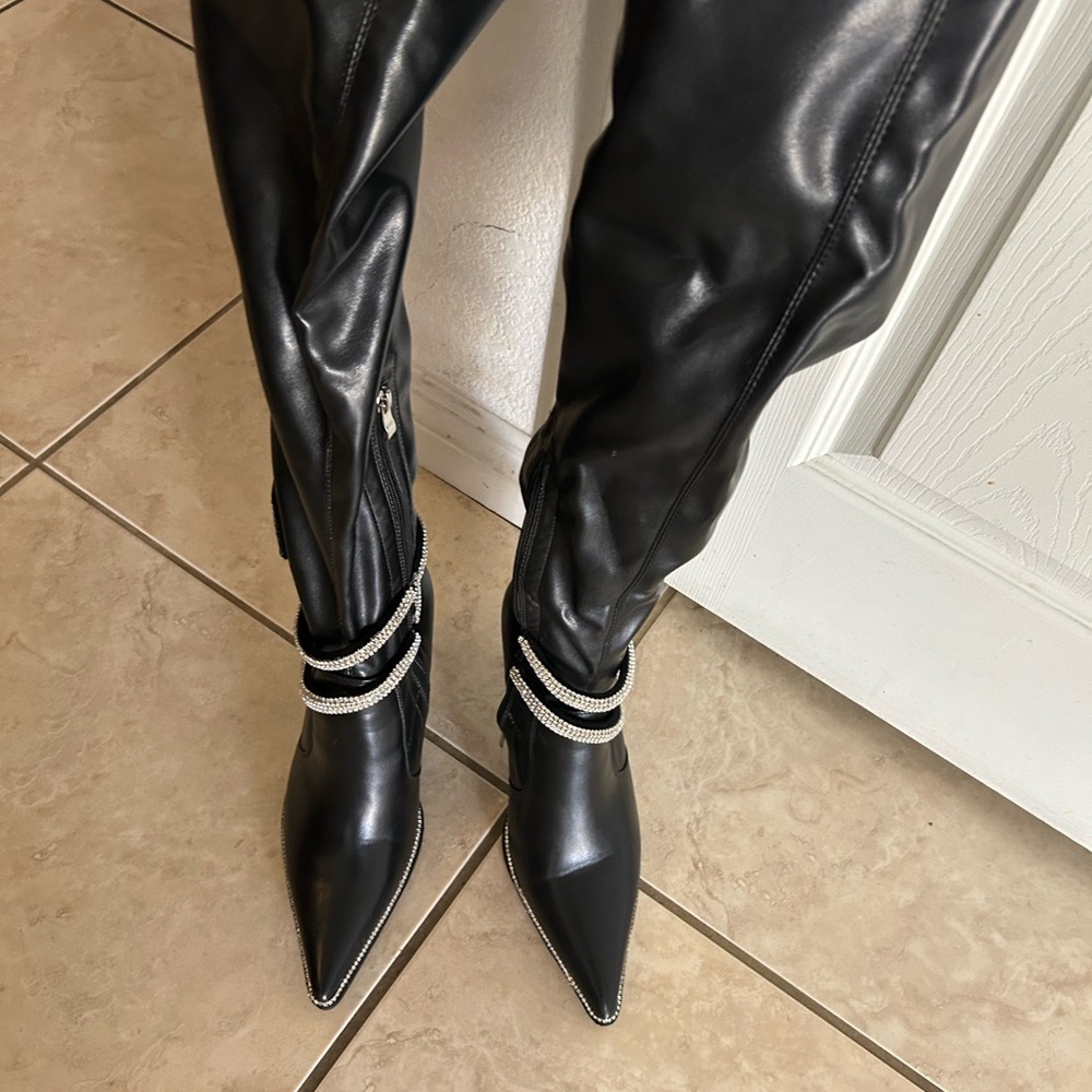 Black Over the Knee Boots with Stiletto Heel and Sporty Stripes